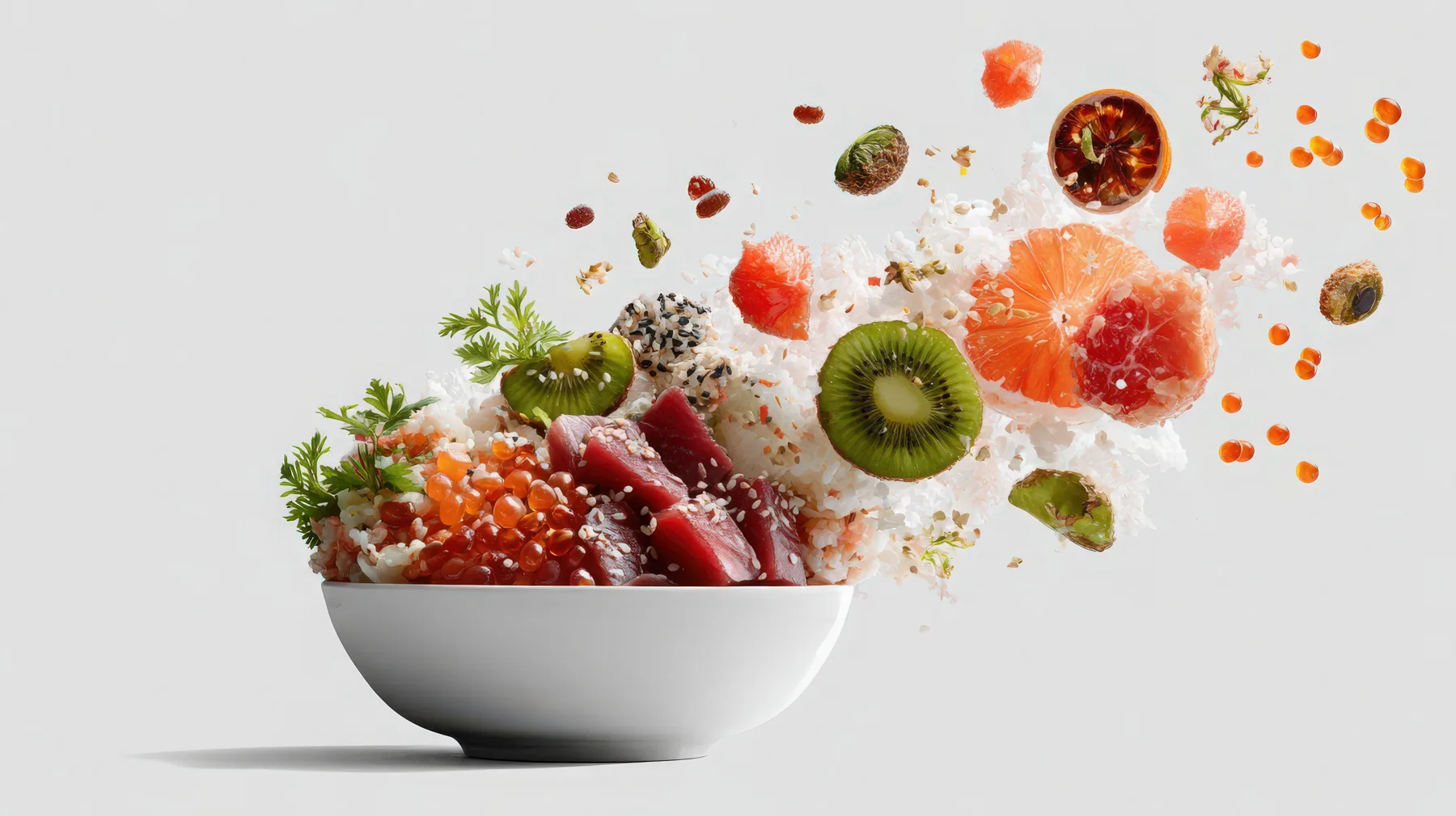 Fresh fruit and berries suspended in mid-air above a white bowl